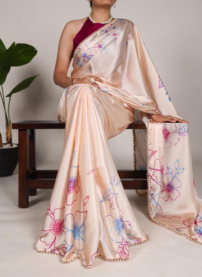 Sattin Silk Cream Party Wear Printed Saree